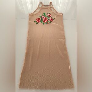 Zara Mesh Cream/Pink Midi Dress With Floral Aplique Embellishment - Size Small